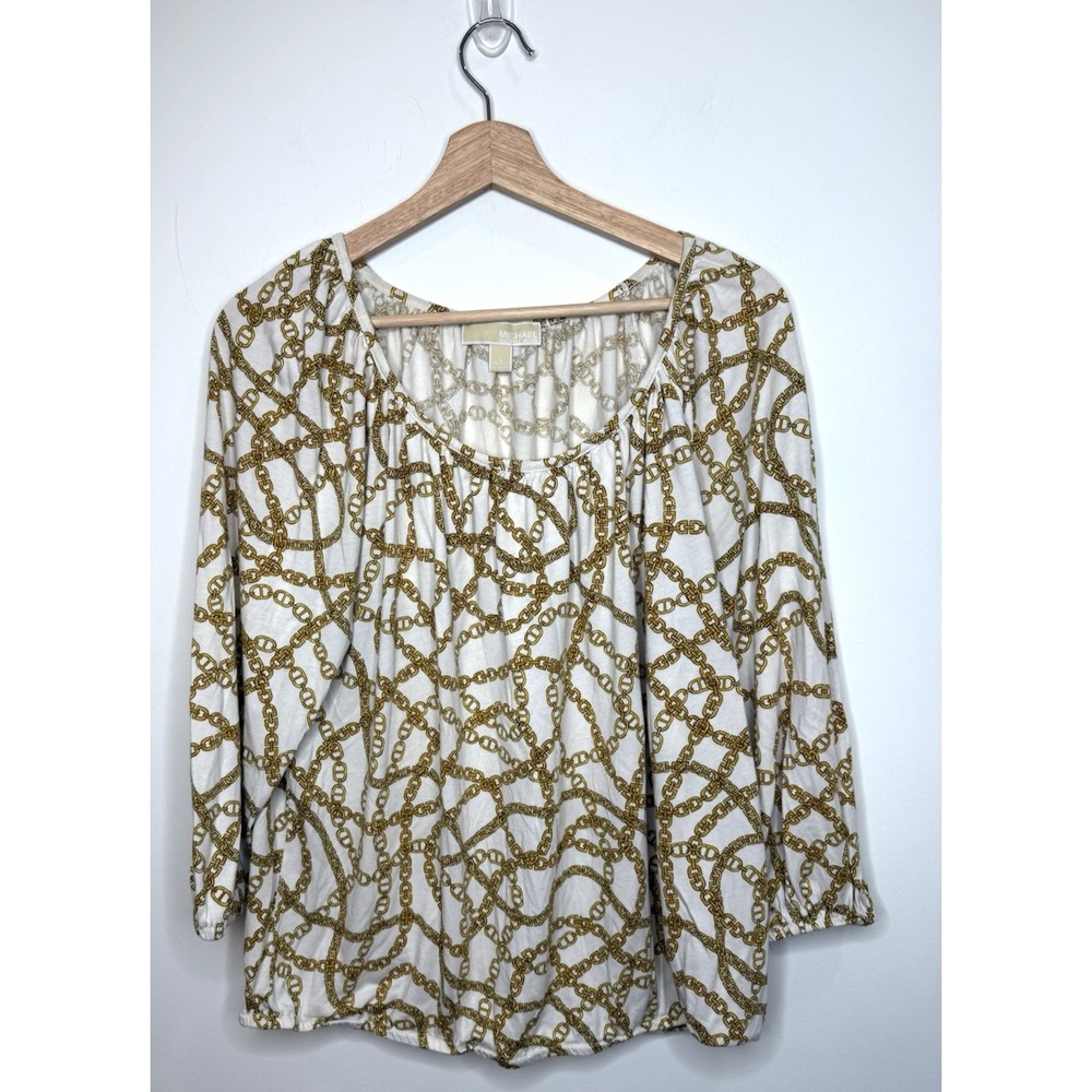 Michael Kors Blouse‎ Womens Large Cream Chain Print 3/4 Sleeve Scoop Neck Office
